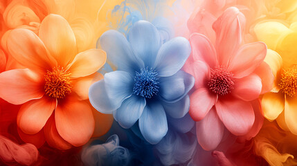 Naklejka premium Abstract Surreal Floral Symphony Colorful Blossoms in Ethereal Smoke Colored Flowers Background