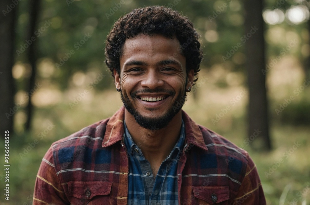 Wall mural smiling young african man outdoors in a forest during daylight enjoying nature and connection with s