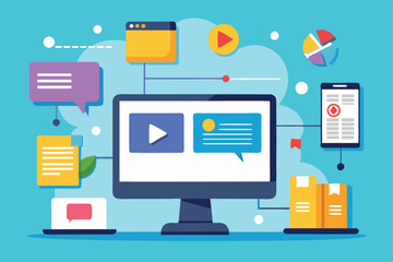 A computer screen displays various multimedia elements and tools for transferring files and sharing information, Computer screen with multimedia and file transfer, flat design.