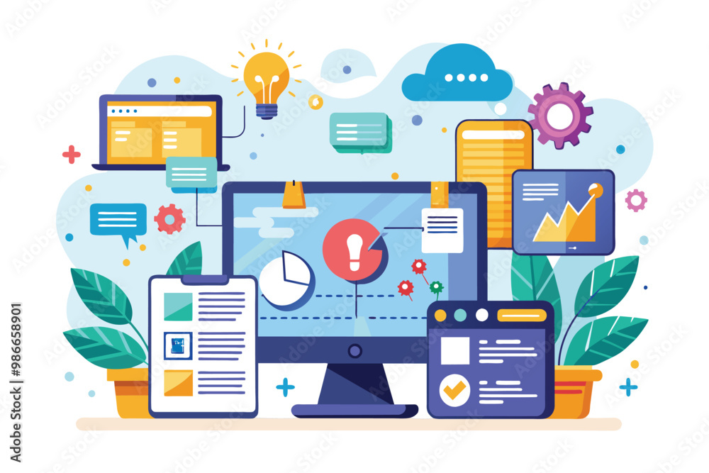 Poster a digital workspace depicts software programming challenges with charts, notifications, and ideas, c