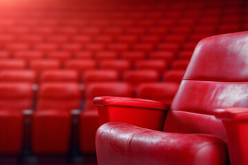 Fototapeta premium Red theater seat in empty cinema showcasing modern design and vibrant color in early evening
