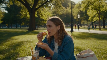 Fototapeta premium Enjoying a casual snack in a sunny park with friends during a beautiful afternoon.