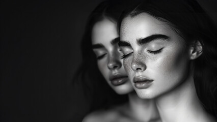 A black and white portrait of two beautiful female models in three-quarter profile, one behind the other. Eyes are closed and are looking slightly downwards. Sensual expressions. Copy space.