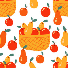 Seamless autumn pattern with jam, apple, pear. Scrapbooking paper and fabric design. Hygge hand drawn vector illustration.