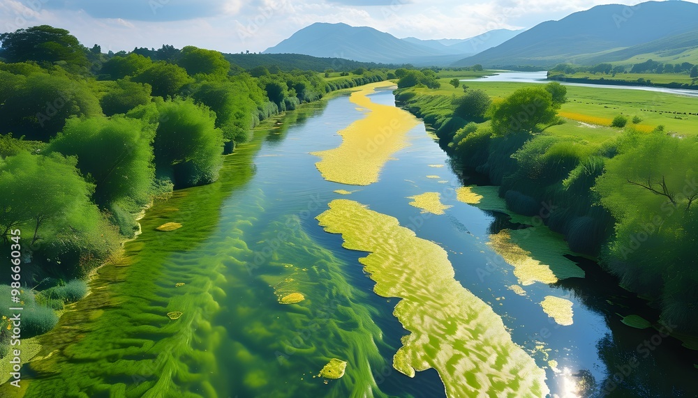 Wall mural stunning aerial view of blooming algae on vibrant green river