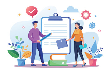 Two professionals discuss and finalize a business cooperation contract amidst plants and tools, Contract for business cooperation, with flat illustrations.