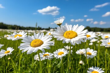 A field of daisies in full bloom, with white flowers swaying gently in the wind under a sunny sky © Thanyarat