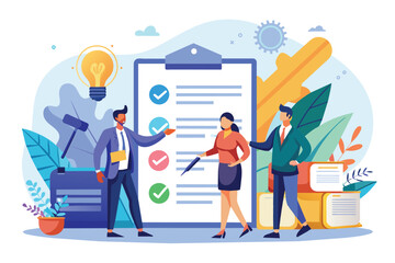 Three business professionals collaborate on contract details for joint stock companies in an office environment, Contracts for joint stock companies, flat illustration.
