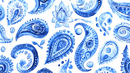 Watercolor seamless pattern with oriental paisley in blue color on a white background. Paisley. Illustration