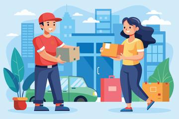 A courier hands over a package to a customer outside in a city, conveying a friendly interaction, Courier delivers package to customer.