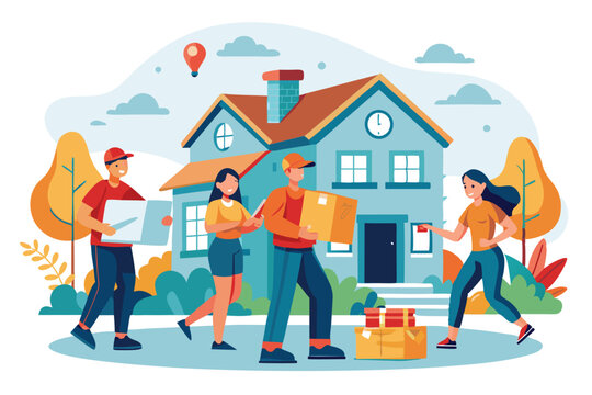 Couriers bring packages to a residence, while customers greet them cheerfully outside their home, Couriers deliver orders to the house quickly and efficiently.