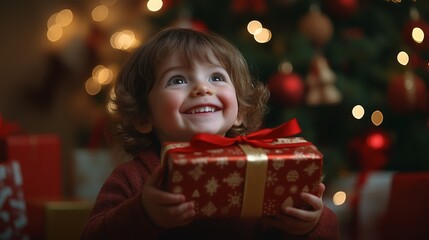excited little child holding a big Christmas present with christmas tree and bokeh lights in the background