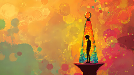 Toys (lava lamp): a figure with a lava lamp, representing the psychedelic and groovy aesthetic of the Lava Lamp. Illustration