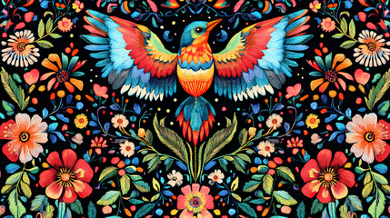 Traditional mexican embroidery with wondrous textile featuring symmetric intricate patterns of seamless colorful birds and flowers as decorative artwork by generative ai. Embroidery. Illustration