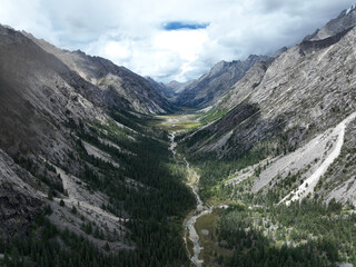 Aerial view of beautiful high altitude forest mountain landscape