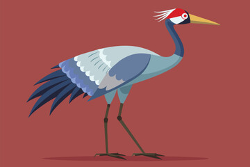 Fototapeta premium A vibrant crane illustration showcases its elegant stance and detailed feathers on a flat surface, crane illustration on a flat surface