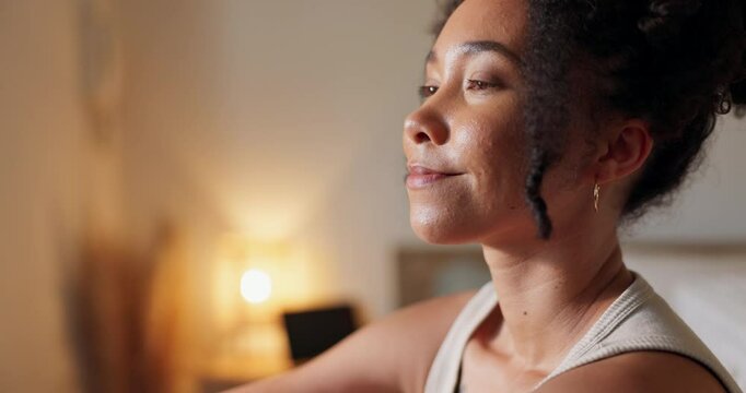 Breathing, peace and woman in home with meditation, calm and zen mindfulness practice in morning. Balance, chakra and face of female person with gratitude and grounding ritual in apartment for health