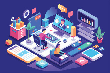 Fototapeta premium A vibrant isometric workspace shows two remote workers on computers, collaborating and organizing tasks, Create your own brand with customizable isometric illustrations.