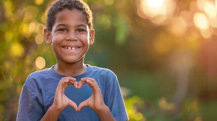 A 10-year-old boy forms a heart shape with his hands in front of his chest, smiling warmly. The soft lighting in the background highlights his kind and friendly nature.