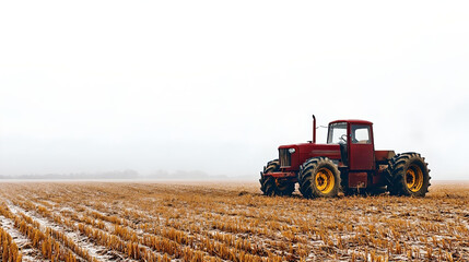 Obraz premium A red tractor sits idle in a harvested field, surrounded by fog and mist, capturing a serene rural landscape. 