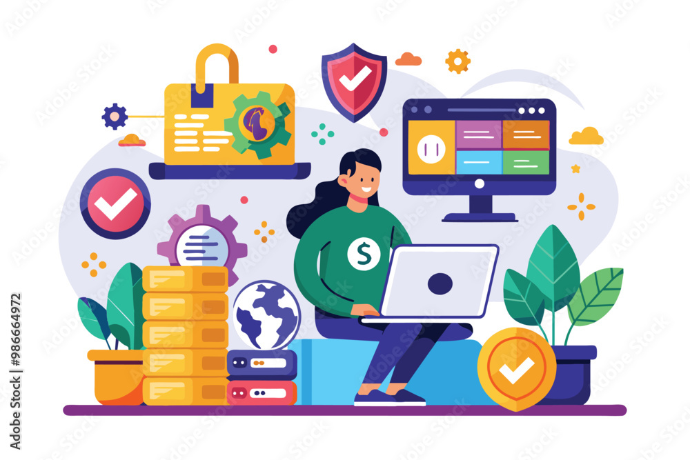 Poster a person engages with ssl concepts using a laptop, surrounded by icons of security and technology, c