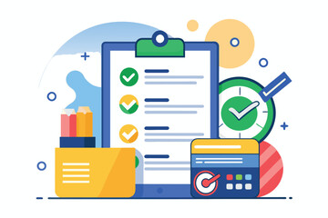 A colorful graphic showcases a credit report with checkmarks alongside financial tools and stationery items, Credit report, simple picture