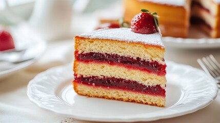 A slice of strawberry cake with whipped cream on top