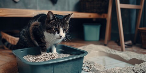 Adding clumping bentonite filler to the cat litter box