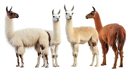 Fototapeta premium Four llamas standing in a row, two of them are white and two of them are brown