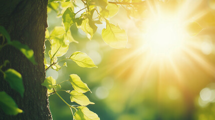 Golden sunlight shining through fresh green leaves on a tree