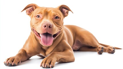 A brown dog is laying on a white background with its tongue out