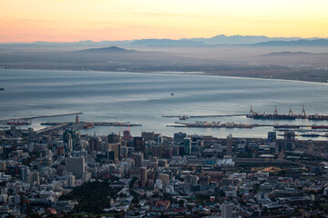 Cape Town, South Africa, April 1st 2023. The view of Cape Town at sunrise from the hike to Table Mountain.