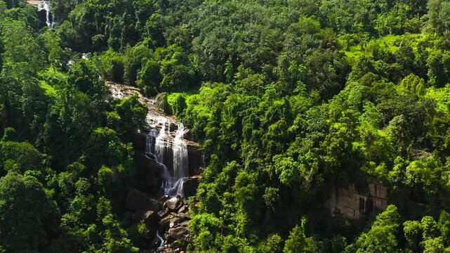 Aerial view of Olu Ella Falls in the tropical mountain jungle. Sri Lanka.