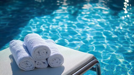 A row of white towels are on a poolside chair