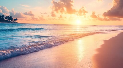 Obraz premium A beautiful beach with a sunset in the background