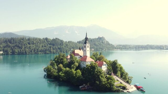 Drone video, panoramic, horizontal , view of Lake Bled, Slovenia, travel, beautiful view from above, Bled Island. Travel video, landscape, 