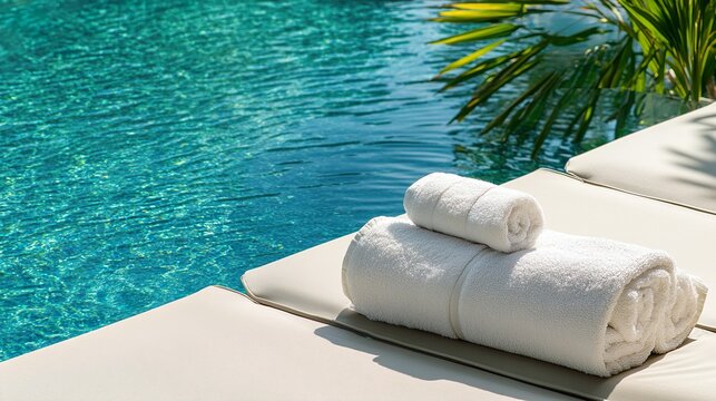 A white towel is laying on a poolside chair