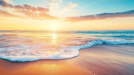 Fototapeta premium The ocean is calm and the sun is setting, creating a beautiful