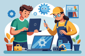 Fototapeta premium A customer is handing over a laptop to a technician for maintenance in a bright workspace, Customer repairs laptop to service technician.