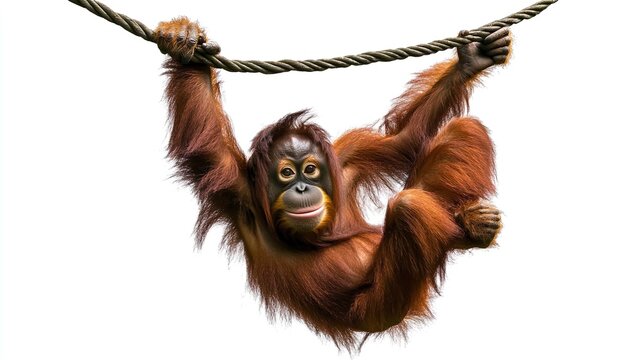 A baby orangutan hanging from a rope