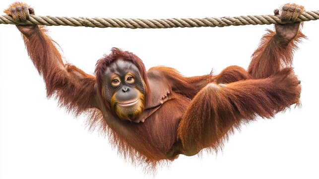 A monkey is hanging from a rope