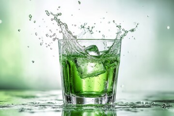 Ice cube splashing in a glass of vibrant green liquid, isolated on white background