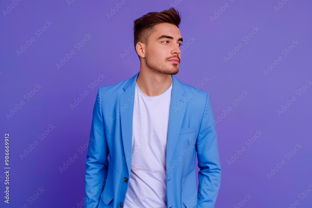 Wall mural full size fun young successful employee business man lawyer 20s wears formal blue suit white t-shirt