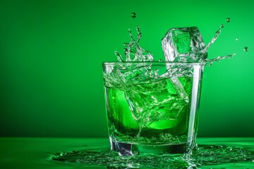 Refreshing splash of ice cube in a glass of vibrant green drink isolated on white background