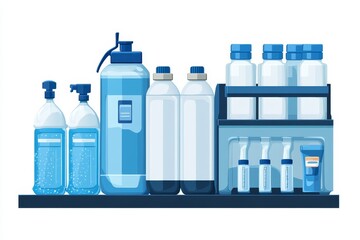 A Shelf of Blue and Clear Plastic Bottles of Liquid