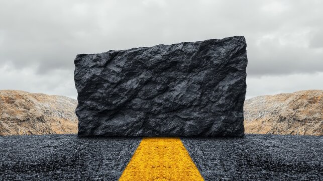 A road with a large barrier in the middle preventing further progress The background shows a vast landscape symbolizing blocked opportunities obstacles in life or business and challenges that must be