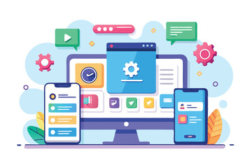 The interface shows customizable app installation across devices, featuring settings and notifications, Customizable app installation with disproportionate illustration.