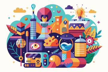 This artwork showcases a blend of imaginative and colorful elements reflecting creativity and fun, Customizable art with disproportionate illustrations.