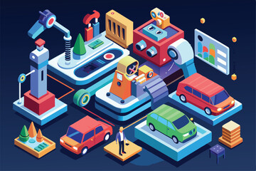 Naklejka premium This illustration shows a colorful isometric layout of automotive production with customizable autonomy features, Customizable autonomy illustration in isometric style.