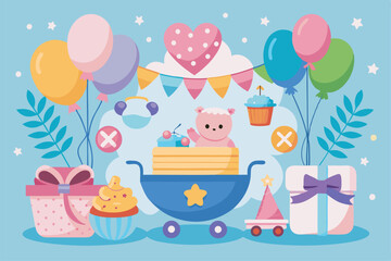 Fototapeta premium A joyful baby shower setup features a crib adorned with balloons, gifts, and playful elements for celebration, Customizable baby shower illustration